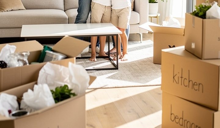 Sala de uma casa nova com caixas de mudança